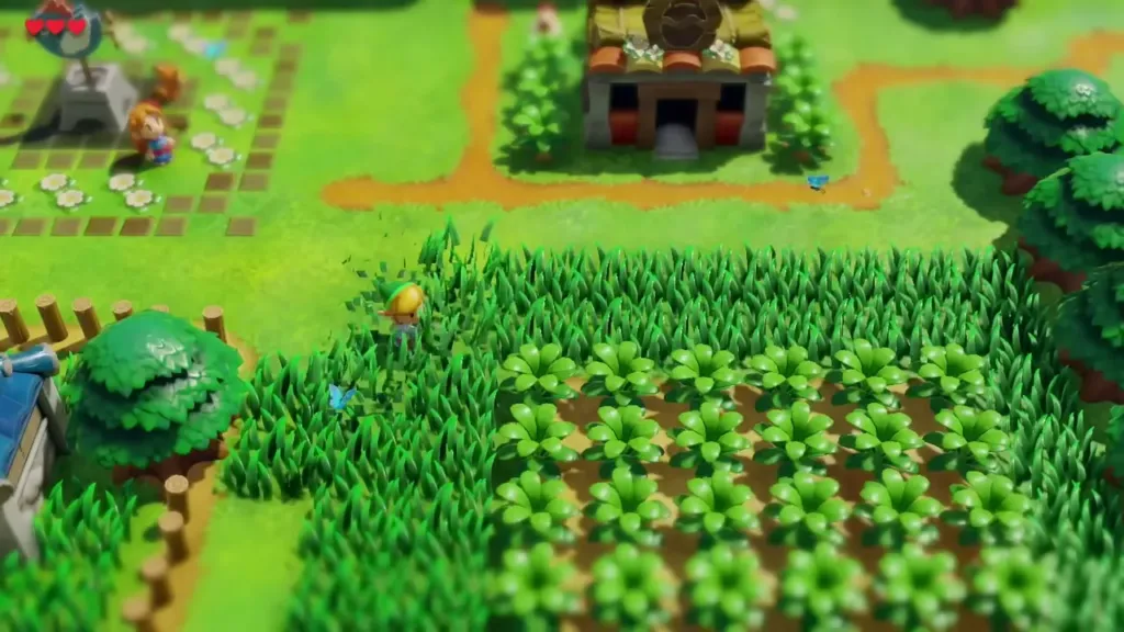 Link approaching the square clover patch in Mabe Village Link approaching the square clover patch in Mabe Village
