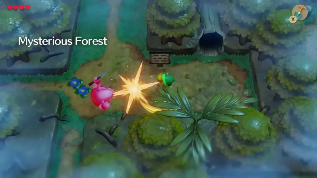 Link striking a pink enemy in the Mysterious Forest Link striking a pink enemy in the Mysterious Forest
