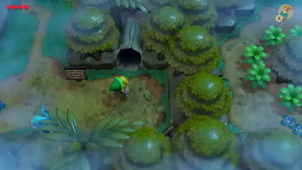 Link stands before a hollow log in a cliff wall in the forest Link stands before a hollow log in a cliff wall in the forest