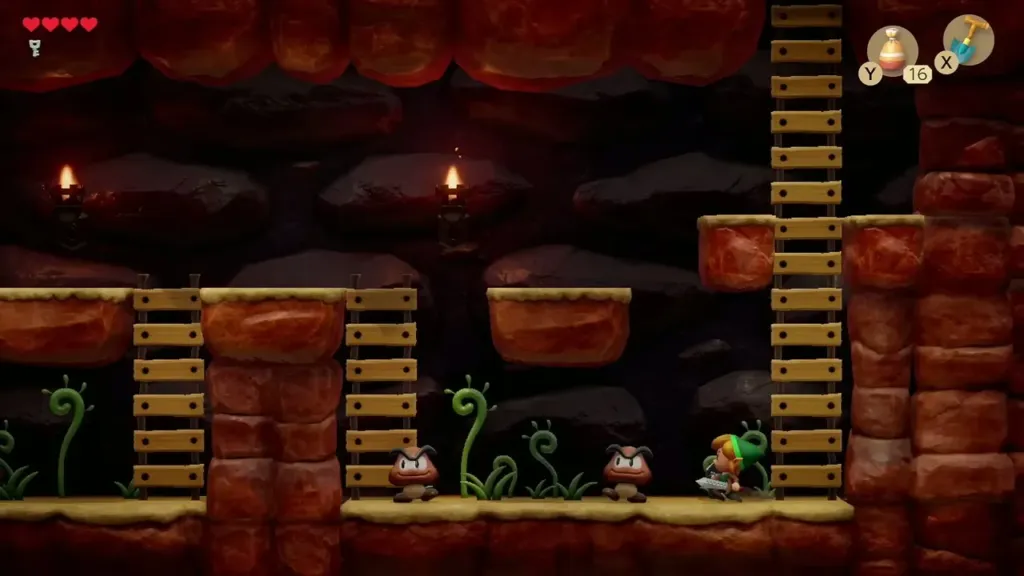 Link in the side-scrolling passage with Goombas and ladders Link in the side-scrolling passage with Goombas and ladders