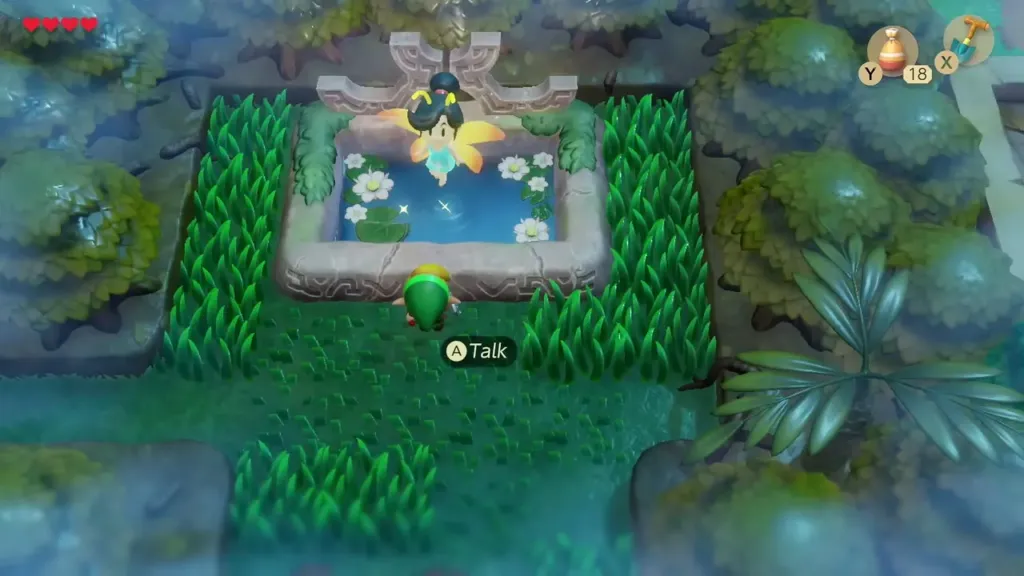 Link talking to the Great Fairy by the pond Link talking to the Great Fairy by the pond