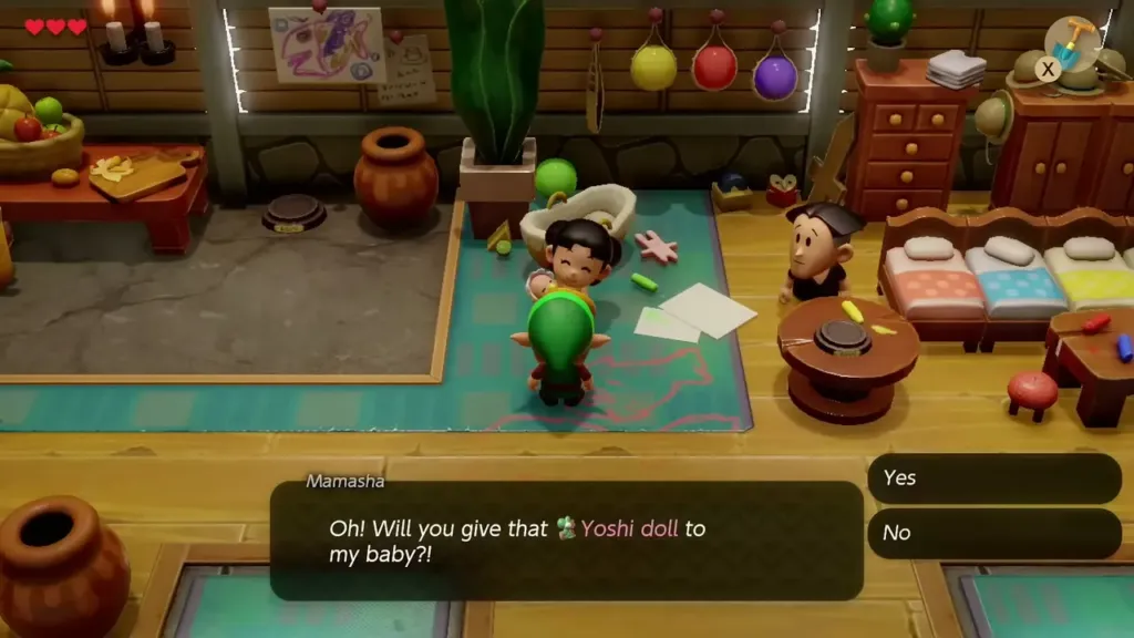 Mamasha at her baby's bath asking Link to give her the Yoshi Doll Mamasha at her baby's bath asking Link to give her the Yoshi Doll