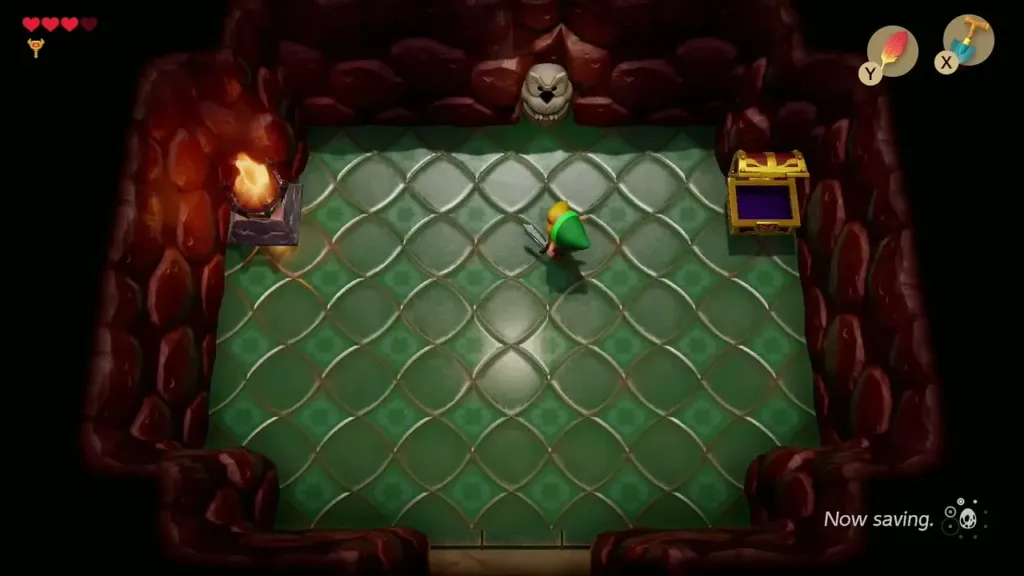 Link walking toward the owl statue in the green-tiled room Link walking toward the owl statue in the green-tiled room