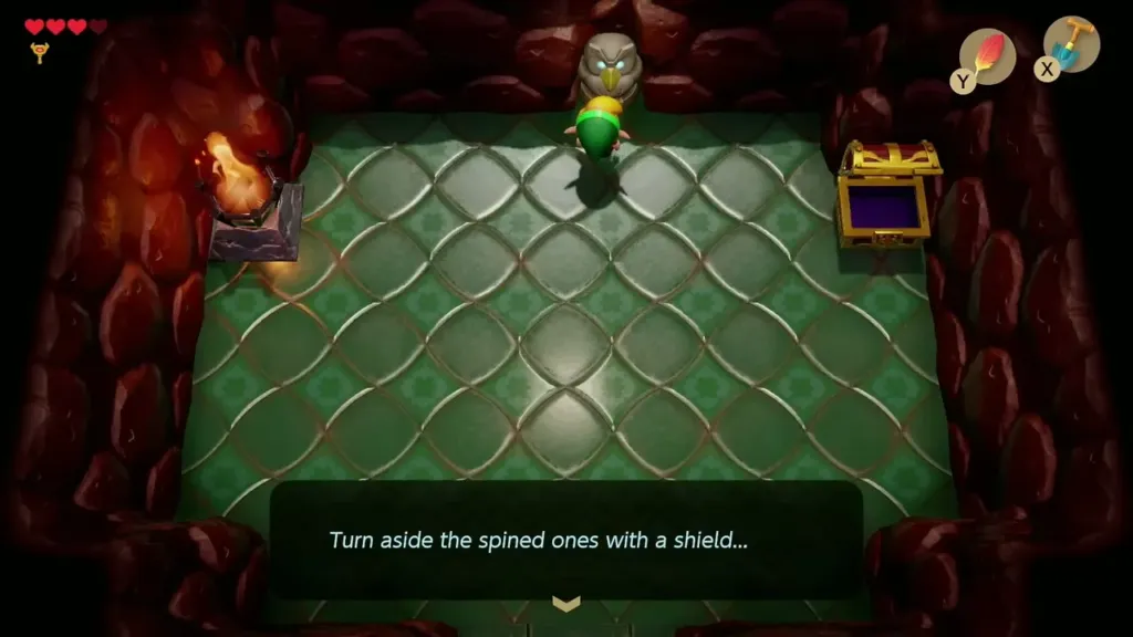 Owl statue telling Link to turn aside the spined ones with a shield Owl statue telling Link to turn aside the spined ones with a shield