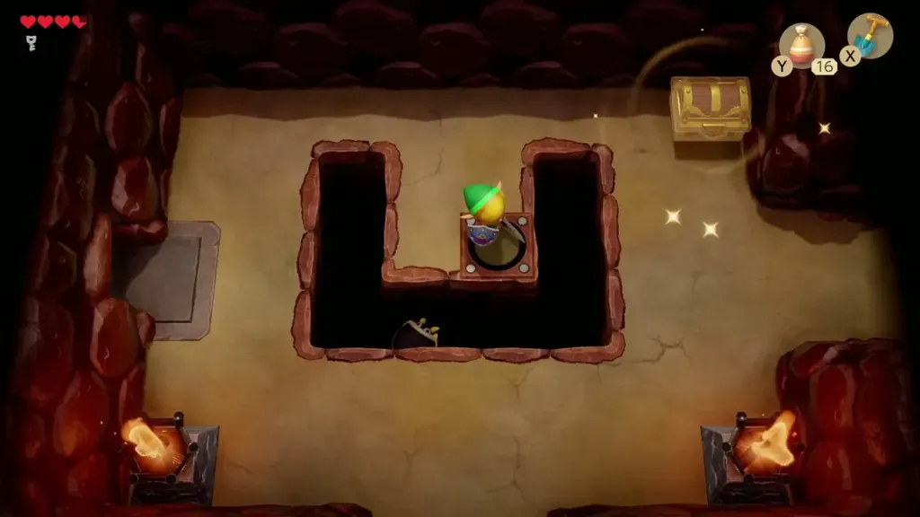 Link on the floor button with a chest appearing in the pit room Link on the floor button with a chest appearing in the pit room