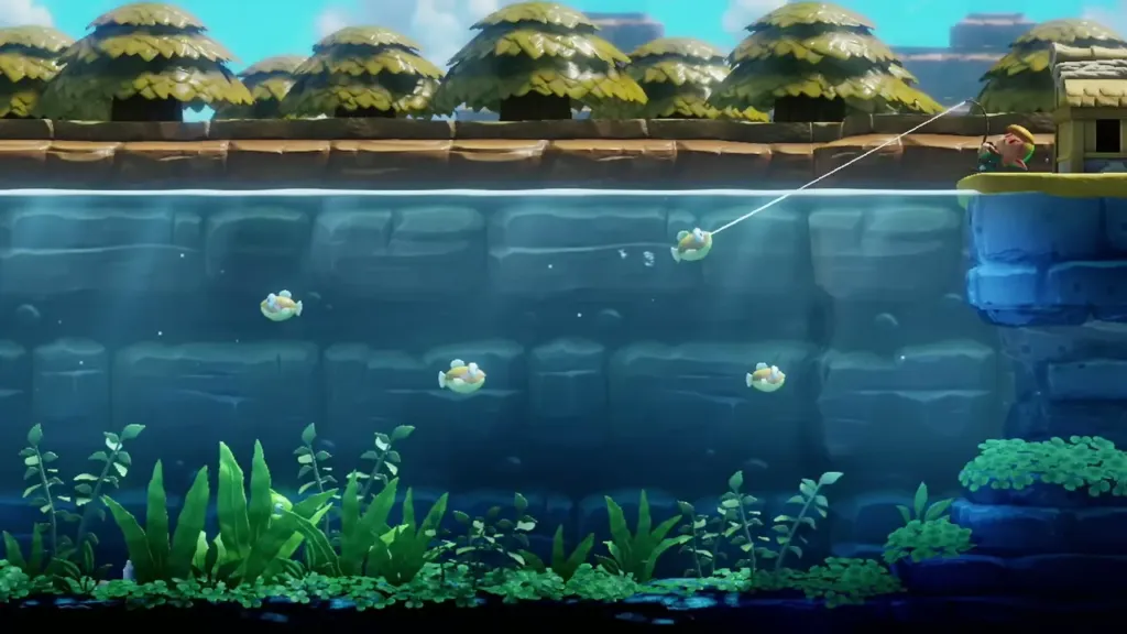 A fish takes the lure while the line stretches to Link on the bank A fish takes the lure while the line stretches to Link on the bank