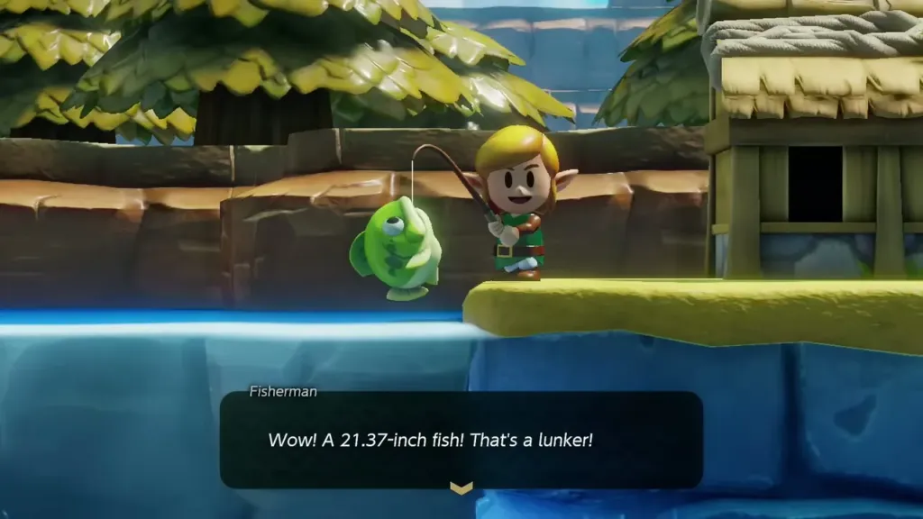 Link lands a big green fish and the Fisherman calls it a lunker Link lands a big green fish and the Fisherman calls it a lunker