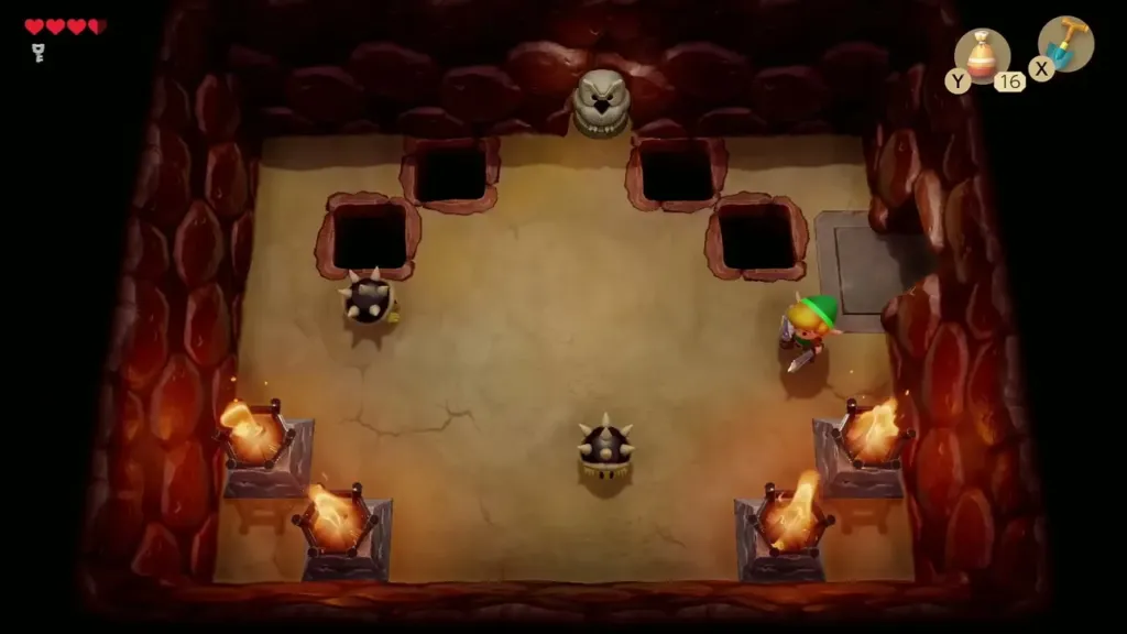 Link facing two Spiny Beetles in a room with pits Link facing two Spiny Beetles in a room with pits