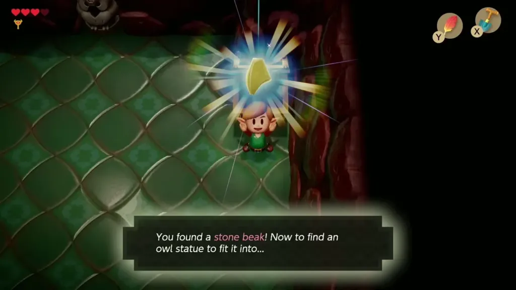 Link holding up the Stone Beak with its message box Link holding up the Stone Beak with its message box
