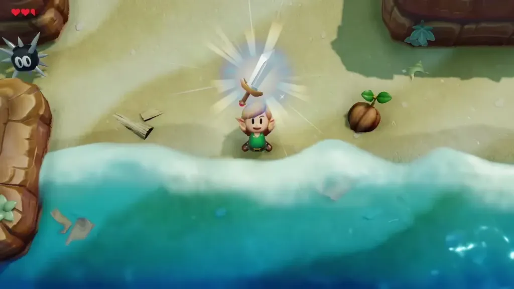 Link holding the Sword up over his head after pulling it from the sand Link holding the Sword up over his head after pulling it from the sand
