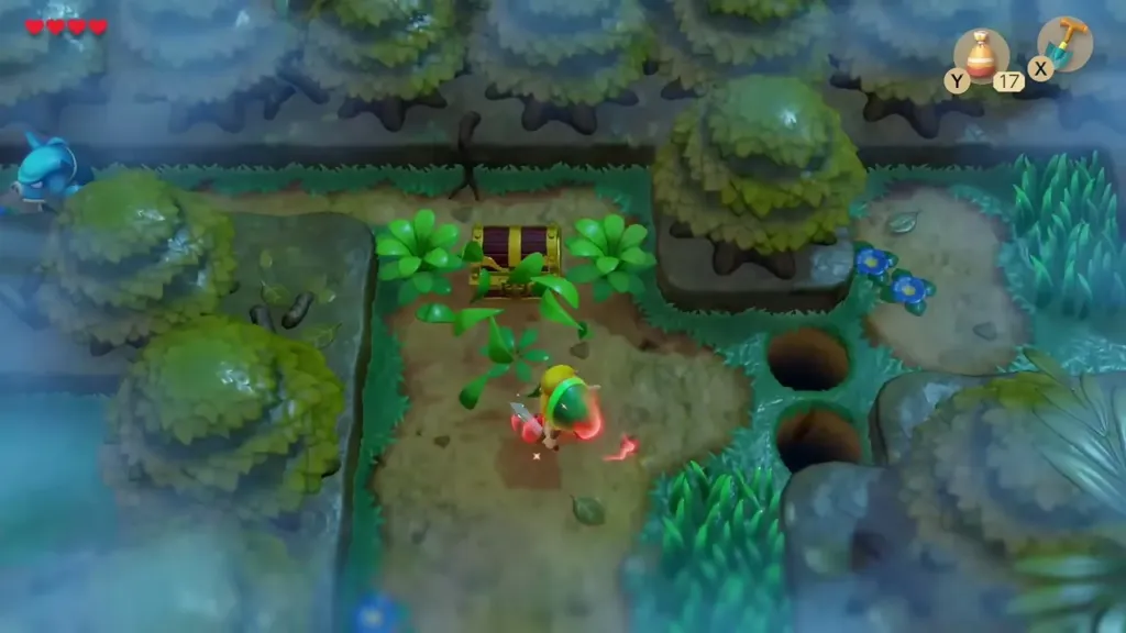 Link walking up to the chest north of the clearing Link walking up to the chest north of the clearing
