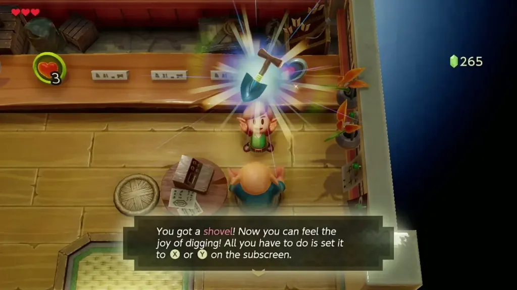 Link holding up the shovel he just bought in the Town Tool Shop Link holding up the shovel he just bought in the Town Tool Shop