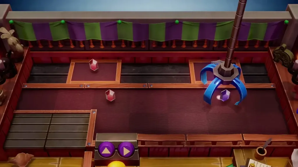 The Trendy Game claw lowering over a purple rupee The Trendy Game claw lowering over a purple rupee