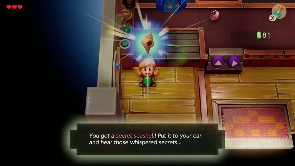 Link holding up a Secret Seashell won at the Trendy Game with the message box shown Link holding up a Secret Seashell won at the Trendy Game with the message box shown