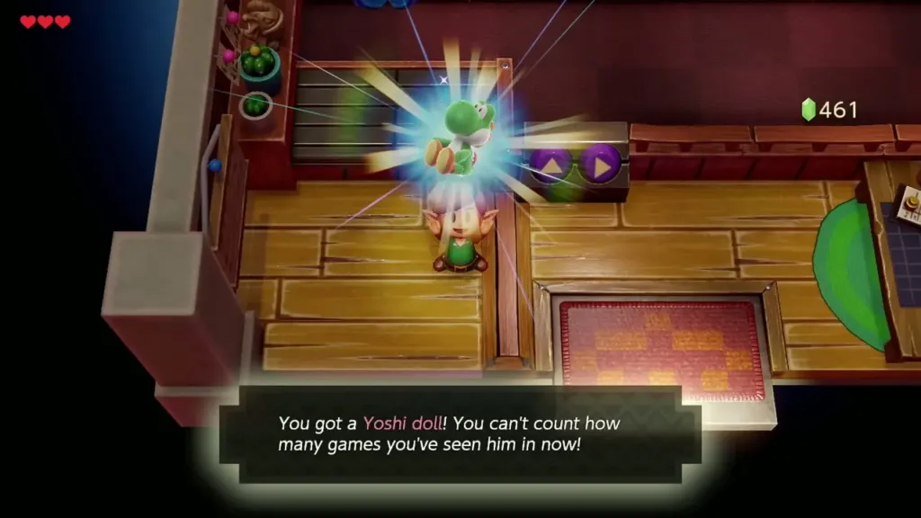 Link holding up the Yoshi Doll he won at the Trendy Game Link holding up the Yoshi Doll he won at the Trendy Game