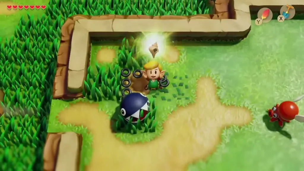 Link holding up a Secret Seashell among the tall grass