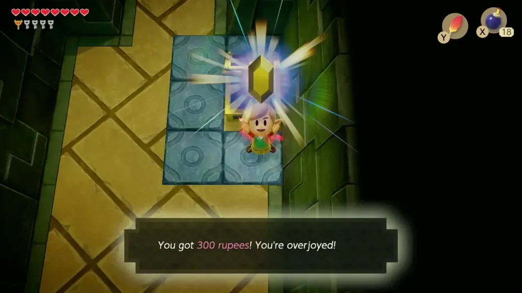 Link holding up a 300-rupee gem from the chest