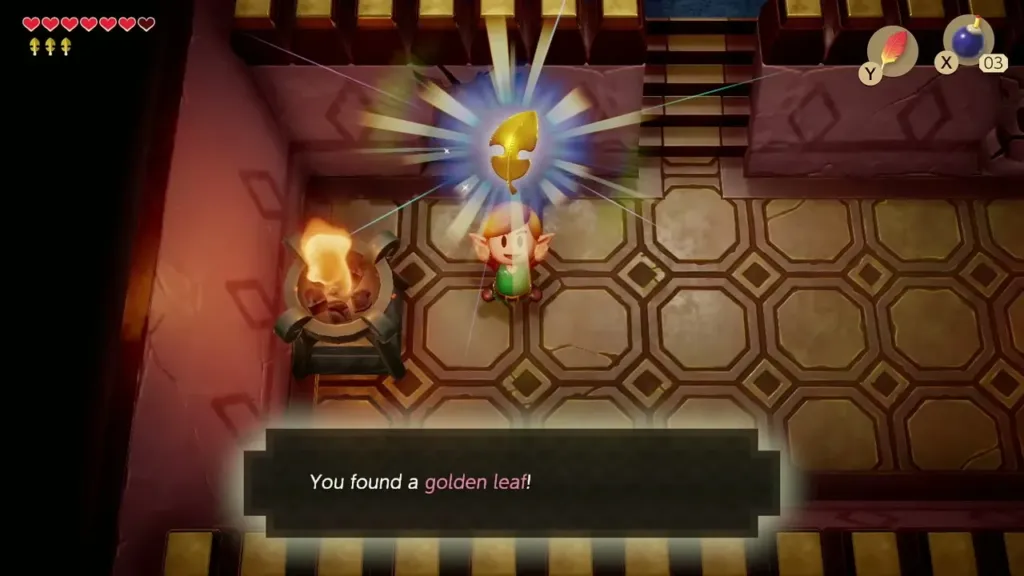 Link holding up the fourth Golden Leaf in the torch room