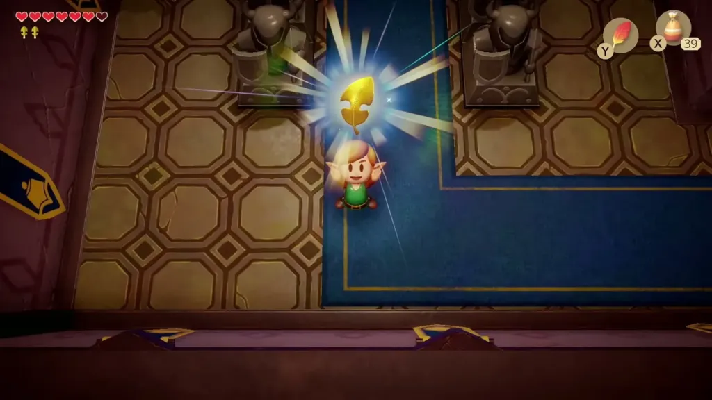 Link holding up a Golden Leaf in the castle hall