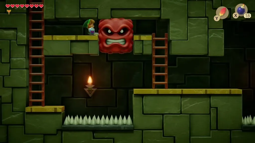 Link beside the giant Thwomp above the spikes