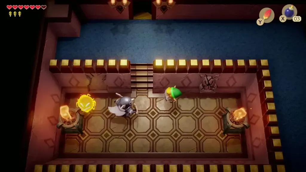 Link facing an armoured knight in the torch room
