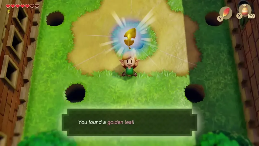 Link holding up a Golden Leaf in the courtyard of holes, with the item message on screen