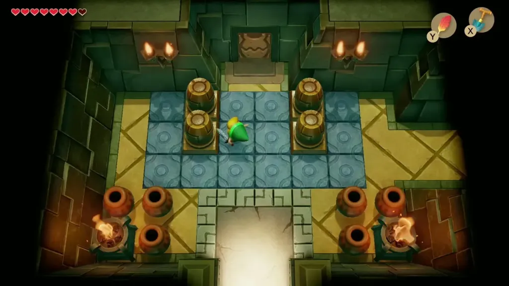 Link in the first Key Cavern room with clay pots below the sealed door