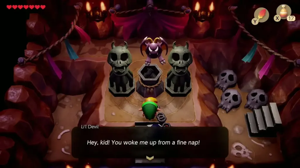 Li'l Devil rising from the bowl and greeting Link