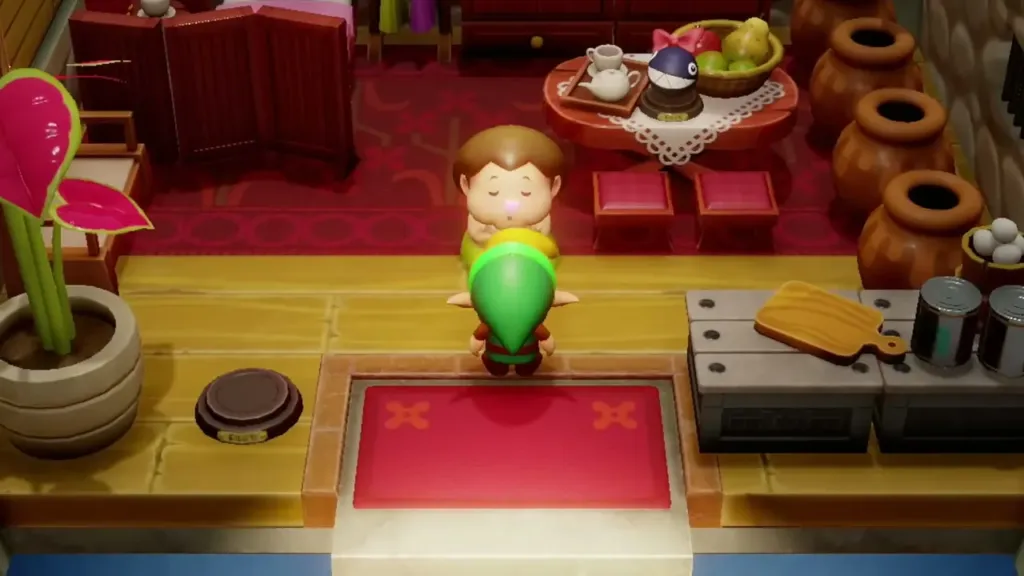 Madam MeowMeow hugging Link in her red-carpeted house