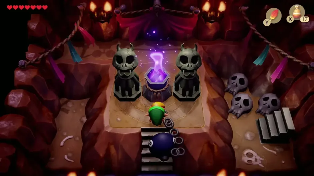 Link at the bowl between two skull statues in Li'l Devil's cave
