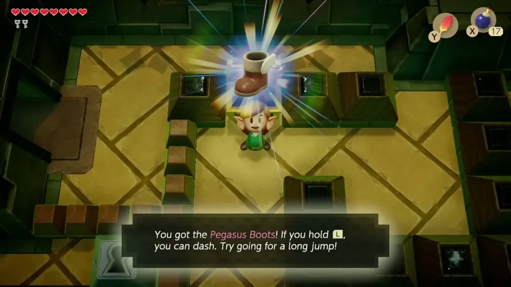 Link holding up the Pegasus Boots in Key Cavern