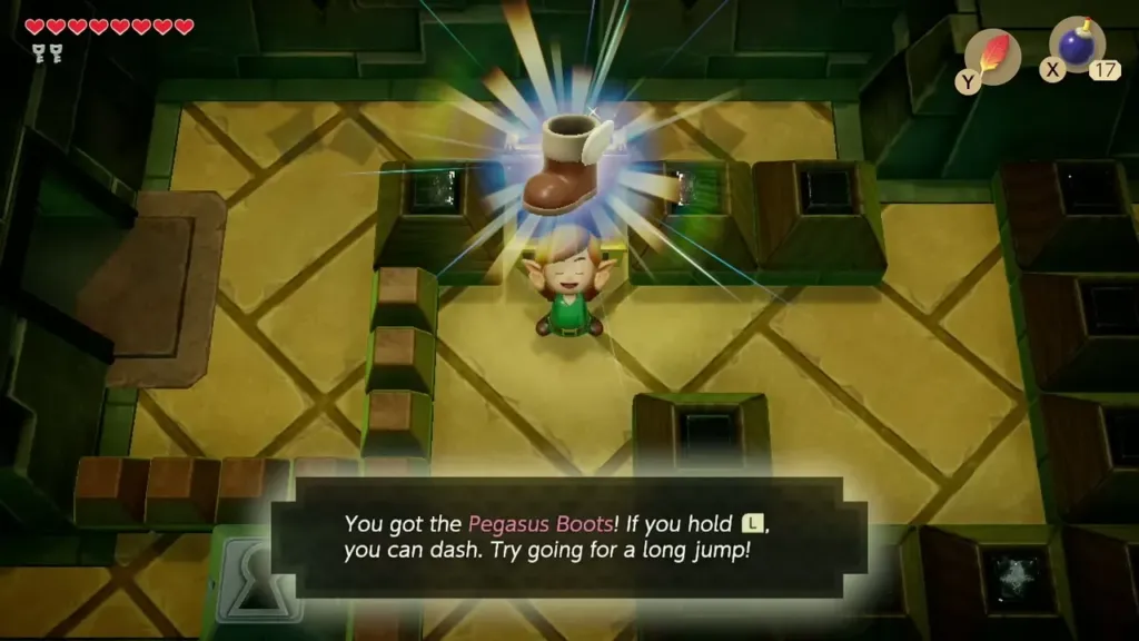 Link holding up the Pegasus Boots with the dash hint text