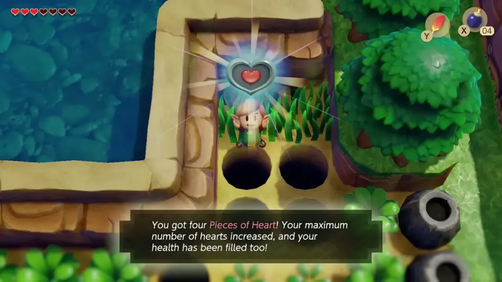 Link holding up the fourth Piece of Heart in the Pothole Field