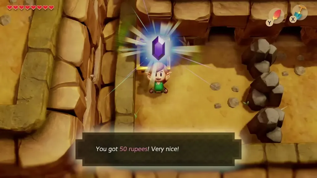 Link holding up a purple rupee from the chest on the ledge with the 50 rupees message shown