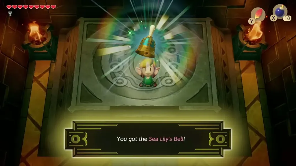 Link holding up the Sea Lily's Bell after Slime Eye