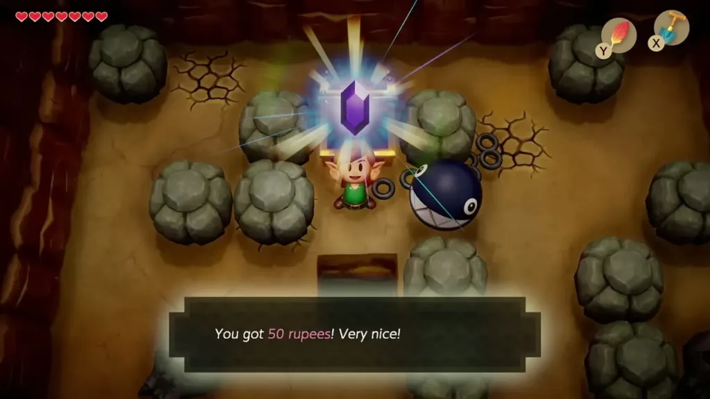 Link holding up the 50 rupees from the chest in the skull cave