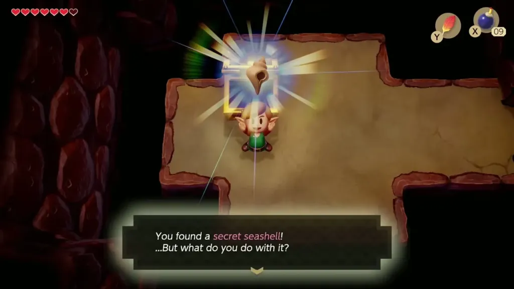 Link holding up the Secret Seashell from the Tail Cave chest