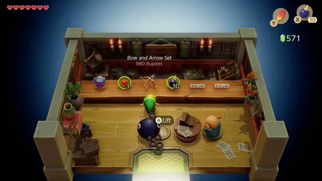 Town Tool Shop shelf with the Bow and Arrow Set listed at 980 rupees