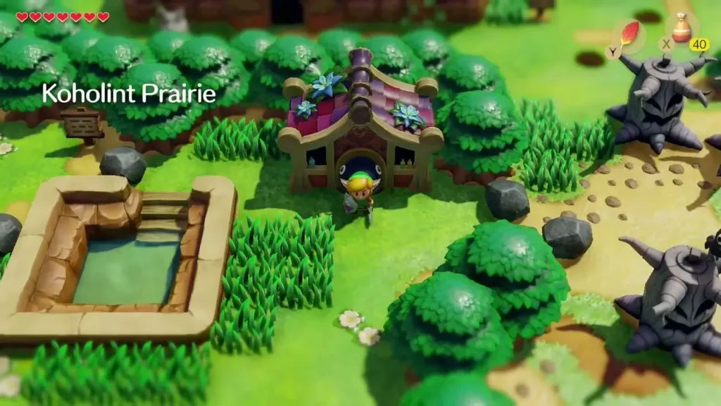 Link at the door of Crazy Tracy's Health Spa in Koholint Prairie