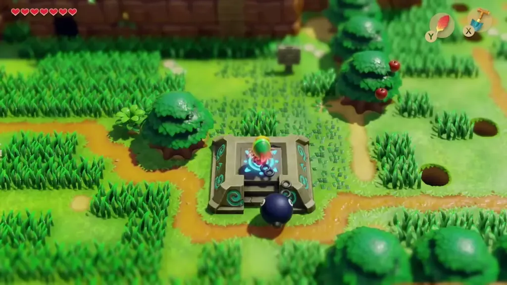 Link stepping onto the stone warp pad on the ledge
