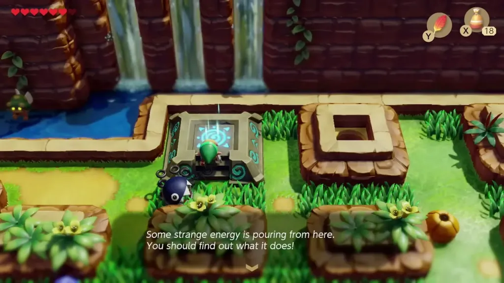 Link on the waterfall ledge warp pad as strange energy is mentioned