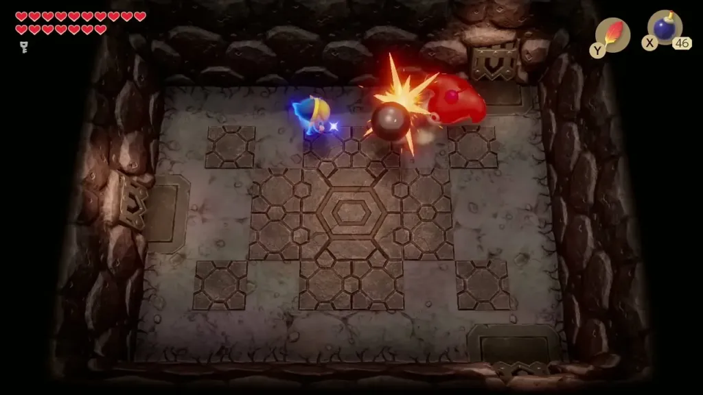 Link's thrown ball hitting Smasher in a flash of red Link's thrown ball hitting Smasher in a flash of red