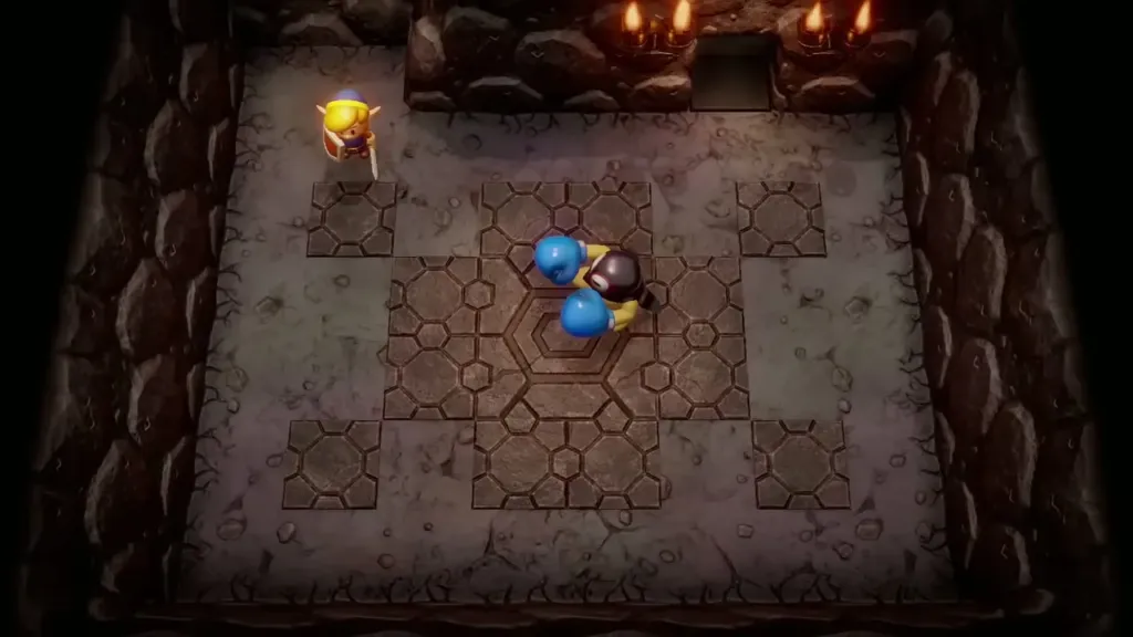 Link facing Blaino in the hex-floor room with two lit torches Link facing Blaino in the hex-floor room with two lit torches