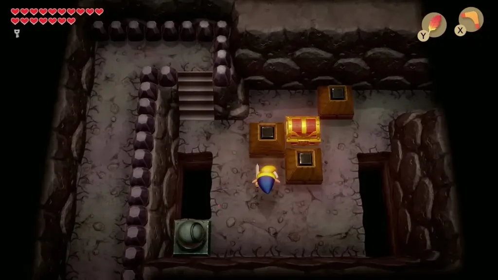 A chest ringed by raised blocks in a dark Turtle Rock room A chest ringed by raised blocks in a dark Turtle Rock room