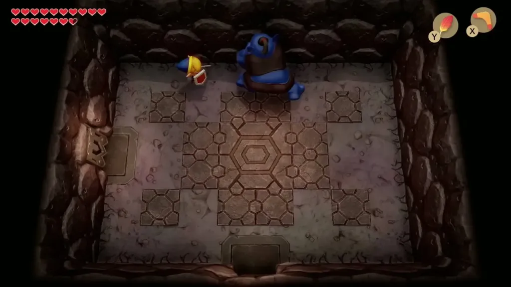 A Blue Hinox standing in the hex-floor room as Link circles with the Boomerang A Blue Hinox standing in the hex-floor room as Link circles with the Boomerang