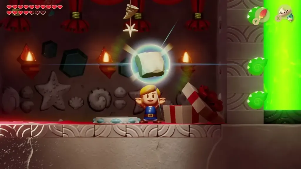 Link lifting the Chamber Stone in the Seashell Mansion Link lifting the Chamber Stone in the Seashell Mansion