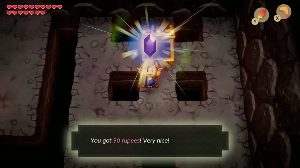 Link holding up a purple rupee between pits with the 50 rupees message Link holding up a purple rupee between pits with the 50 rupees message
