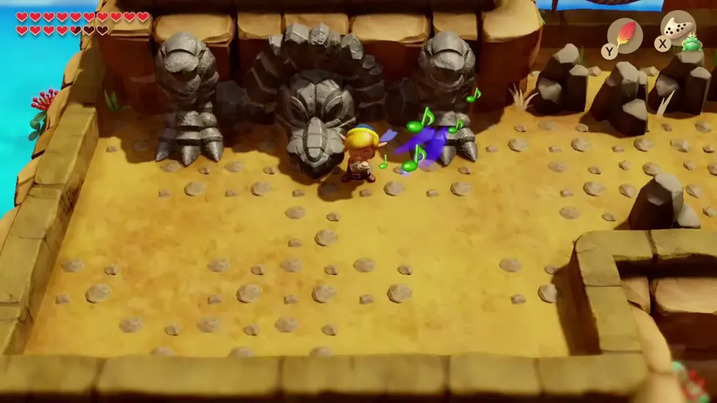 Link playing the Frog's Song of Soul facing the stone head Link playing the Frog's Song of Soul facing the stone head