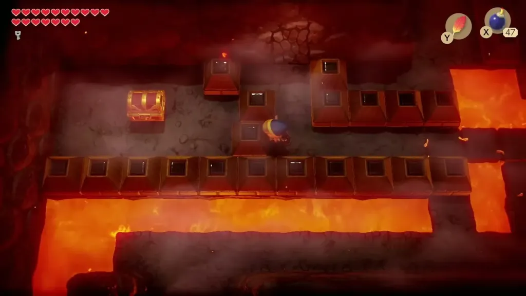 A chest at the end of the lava corridor with Link approaching along the blocks A chest at the end of the lava corridor with Link approaching along the blocks