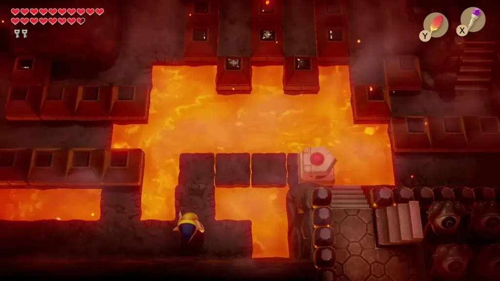A red-button block paving a stone walkway across a lava room A red-button block paving a stone walkway across a lava room